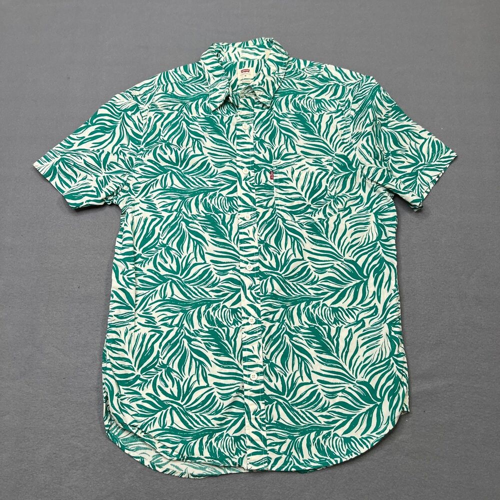 Levi's Shirt Men's Medium Green White Tropical Leaf Print Standard Fit Button-Up